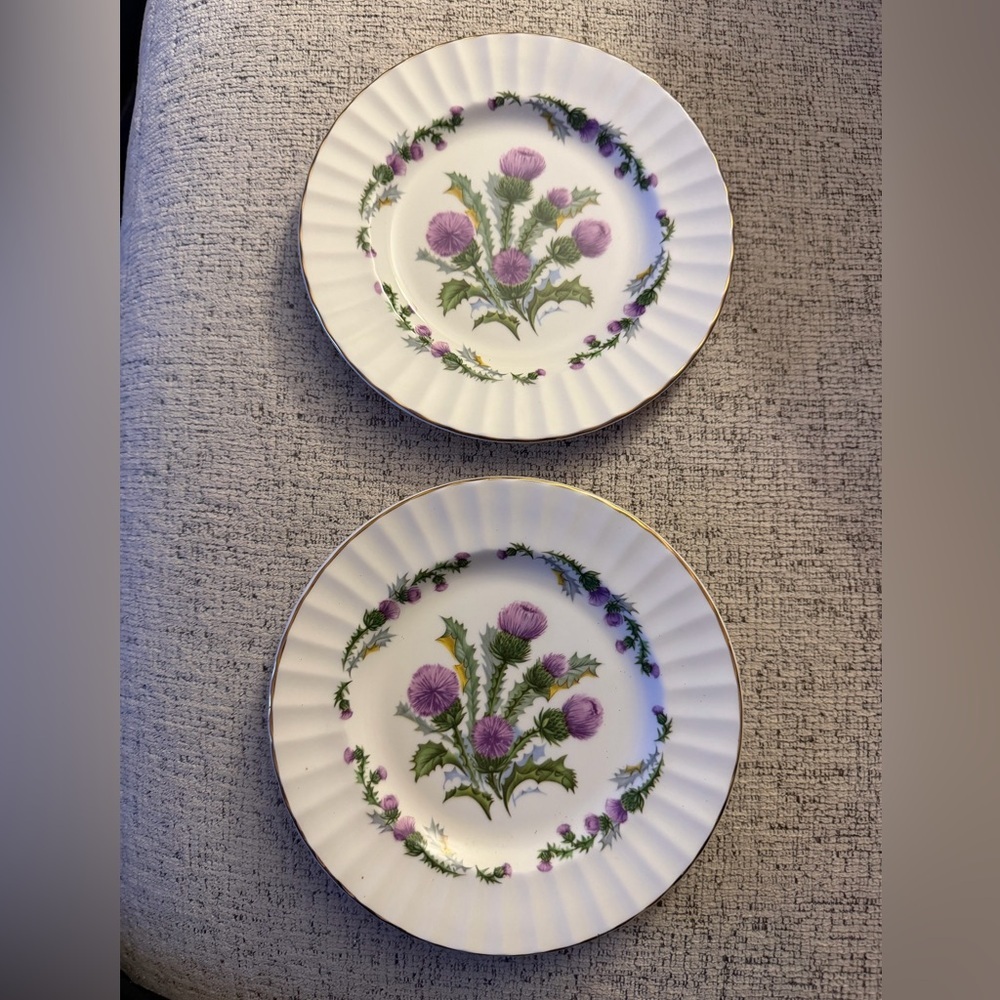 Crown Victorian Staffordshire Fine Bone China Thistle Tea Plates (2) 6.5”